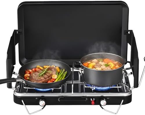 Bonnlo 2 Burner Camping Stove with Igniter, 20000 BTU Portable Propane Gas Stove with Built-in Handle & Foldable Wind Panel, Tabletop Outdoor Stove for Camping Kitchen, Tailgating, Grilling