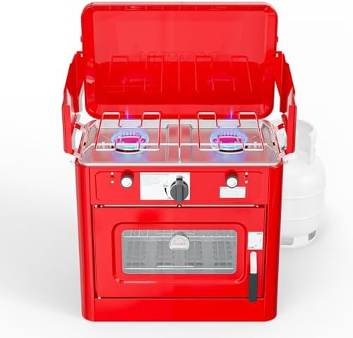 ROVSUN 2-in-1 Portable Camping Stove & Propane Oven with Piezo Igniter, 2 Burner Stove & Outdoor Oven with Adjustable Fire, Thermometer, Wind Panel & Regulator for Traveling, Tailgating (Red)