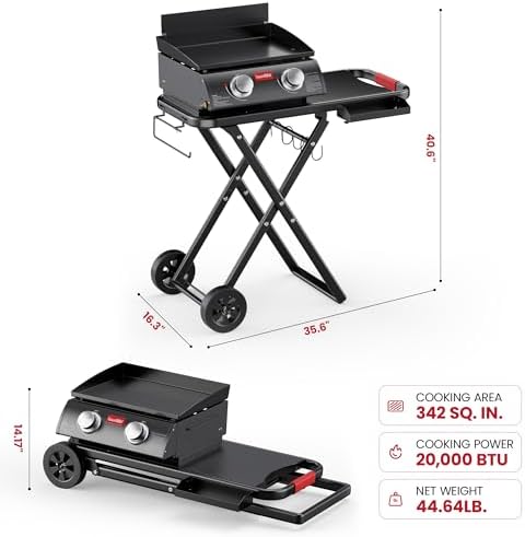 LAUDLIFE Portable Gas Griddle with Adjustable Stand, 20,000 BTUs, 342 Sq. In. Cooking Surface, 3-Step Setup, Enamel Coating Grates, for Camping, Patio BBQ, Park Picnics & Outdoor Cooking