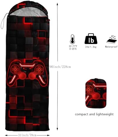 Axolotl Gamepad Sleeping Bag,3 Season Warm and Cool Weather Game Console Sleeping Bag for Boys Teens,Waterproof Lightweight Geometry Hexagonal Sleeping Bag for Traveling,Outdoors Camping,Blue,Black