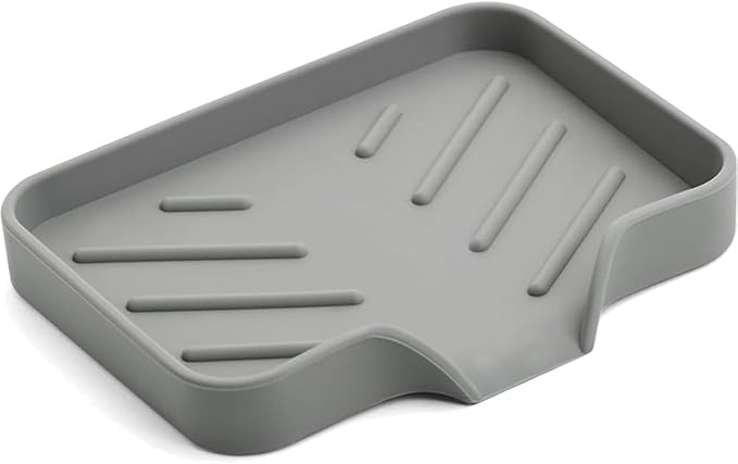 Sponge Holder with Drain Spout, Silicone Sponge Tray for Kitchen Sink, Rubber Soap Dish for Shower Bathroom (Grey, 4.7" x 3.6")