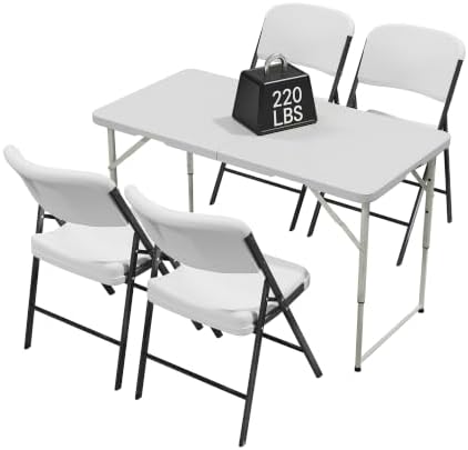 HULKFIT Portable 5-Piece Folding Table and Chairs Set, Heavy Duty 4ft Camping & Party Furniture for Indoor Outdoor Events, White