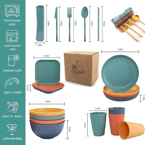 48Pcs Wheat Straw Dinnerware Sets, Unbreakable Plastic Plates and Bowls Sets, Dinner Sets for 4 People, Travel Picnic Camping Cutlery Set, Home Party Cutlery Set, Dishwasher Microwave Safe Dishes