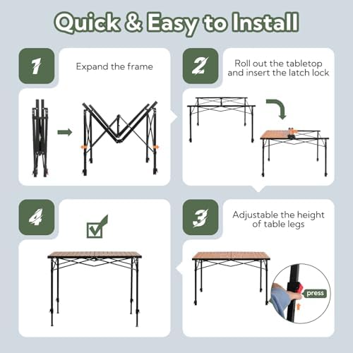 Portable Outdoor Adjustable Height Camping Table, Large for 2-6 Person
