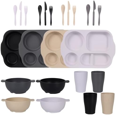 24 Pcs Wheat Straw Dinnerware Cutlery Sets,Unbreakable Divided Plates Bowls Cups Spoon Knife Fork for 4 People,Microwave Dishwasher Safe Tableware Cutlery for Party and Daily Use,Mix Color 1