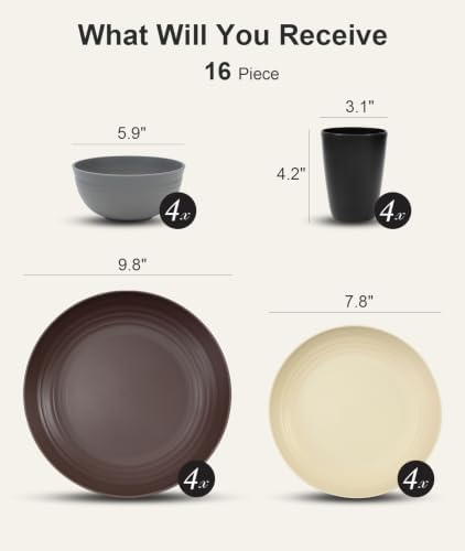 Quatish 16 Piece Plates and Bowl Set for 4, Dinnerware Dish Set for Kitchen