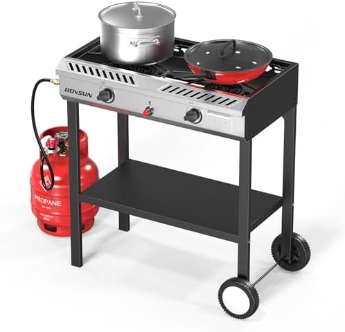 ROVSUN 2 Burner Propane Stove with Auto Ignition, 150,000 BTU Gas Stove with Storage Shelf, Rolling Wheels & Regulator for Home Outdoor Backyard Camping Cooking Frying Brewing Canning