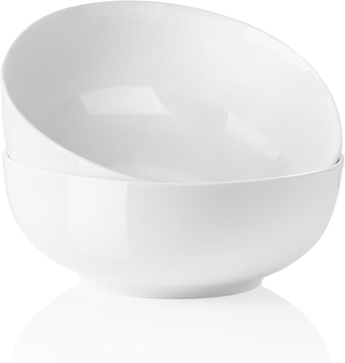 Kanwone Large Serving Bowls - 55 Ounce, Porcelain Salad Bowls, Pasta, Ceramic Soup Bowls, Set of 2, Serving Dishes for Entertaining, Housewarming Gift, Microwave and Dishwasher Safe, White