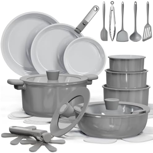 CAROTE 27pcs Ceramic Cookware Set, Pots and Pans Set with Detachable Handle