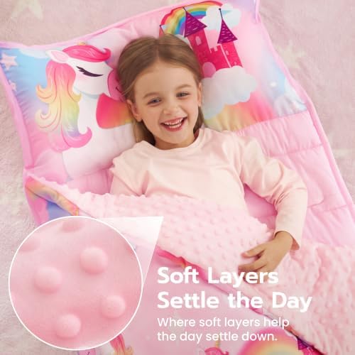 JOIEDOMI Toddler Nap Mat with Removable Pillow and Minky Blanket 55''x30'' Kids Sleeping Bag for Boys and Girls Ages 3-6 Roll Up Soft Nap Mats for Preschool Kindergarten Daycare Sleepover