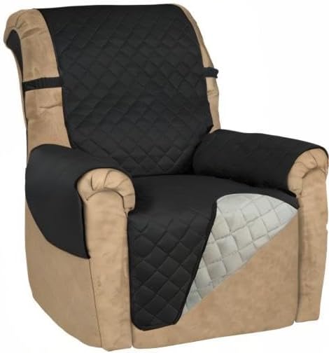 PureFit Reversible Quilted Sofa Cover, Water Resistant Slipcover Furniture Protector, Washable Couch Cover with Non Slip and Elastic Straps for Kids, Dogs, Pets (Small Recliner, Black/Beige)