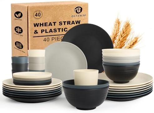 40 PCS Wheat Straw Dinnerware Set | Dish Sets for 8 - BlackBeige