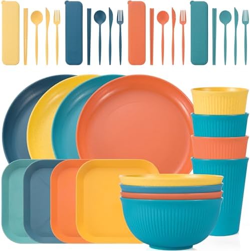 36PCS Wheat Straw Dinnerware Sets - Reusable Plates and Bowls Sets, Unbreakable Cups, Knives, Forks, Spoons & Chopstick, Microwave, Dishwasher Safe Tableware Kitchen Outdoor Camping Presents