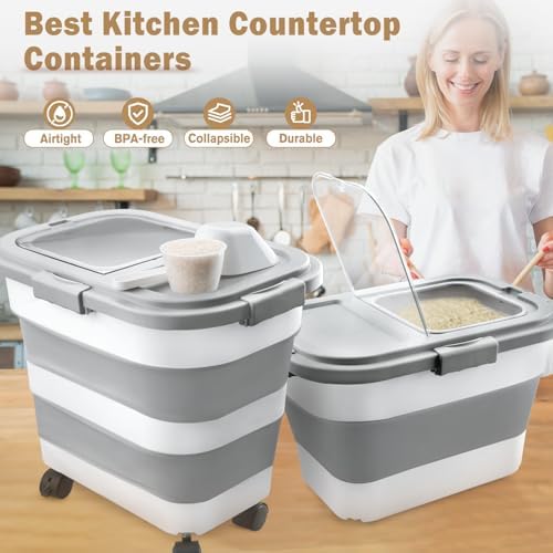 Komzon Rice Storage Container 10-40 lb, 25 lb Pet Dog Food Storage Container, Collapsible Airtight Rice Container,Rice Dispenser Bin with Cup and Scoop for Flour Cereal Pasta Grain, Cat Bird Food