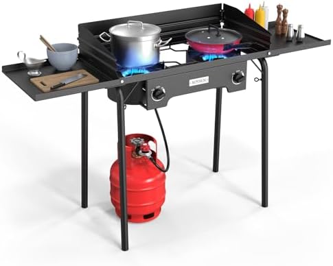 ROVSUN 2 Burner Gas Stove with Side Shelves, 150,000 BTU Portable Propane Stove with Removable Legs, Wind Panels & Regulator for Camping Home Backyard Cooking Brewing Canning Turkey Frying