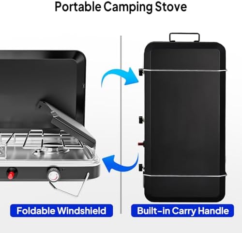 Bonnlo 3 Burner Camping Stove with Igniter, 25000 BTU Portable Propane Gas Stove with Built-in Handle & Foldable Wind Panel, Tabletop Outdoor Stove for Camping Kitchen, Tailgating, Grilling