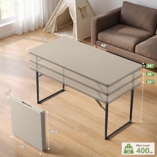 Folding Table, 4FT Foldable Picnic Table with Carrying Handle, Heavy Duty Fold-in-Half Portable Table for Weddings, Camping, RV Travel, Parties, BBQs, and Indoor Use, Easy to Fold and Store, Khaki