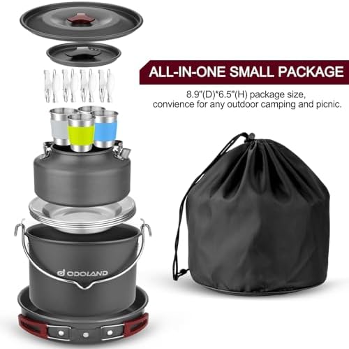 Odoland 22pcs Camping Cookware Mess Kit, Large Size Hanging Pot Pan Kettle with Base Cook Set for 4, Cups Dishes Forks Spoons Kit for Outdoor Camping Hiking Picnic