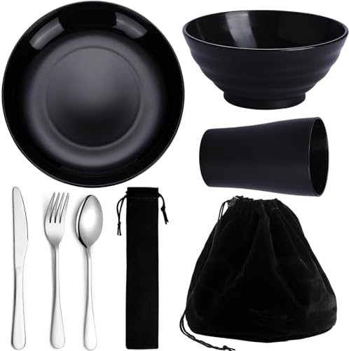 Kyraton Camping Utensils, Portable Travel Silverware Set with Reusable Light Weight Mug, Bowls and Plate, Stainless Steel Cutlery Set, Camping Mess Kit for 1 Person