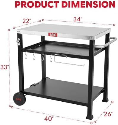 Feasto 3-Shelf Pizza Oven Table, Outdoor Grill Cart, 33.5" x 21.7", Black