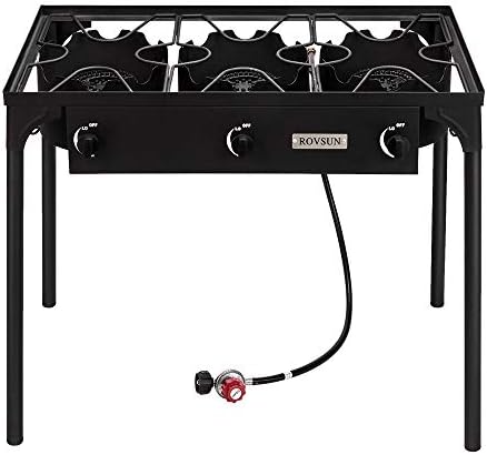 Bonnlo 3 Burner Outdoor Portable Propane Stove Gas Cooker, Heavy Duty Iron Cast Patio Burner with Detachable Stand Legs for Camp Cooking (3-Burner 225,000-BTU)