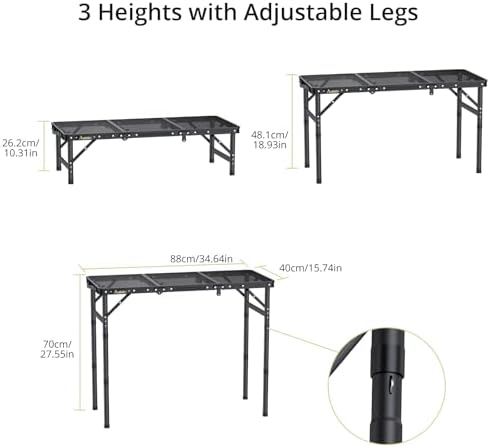 Anbte Folding Grill Table, 3ft Tri-Fold Aluminum Folding Table Adjustable Height Max 27.5" Grill Table with Mesh Desktop, Lightweight, Portable Handle for Outdoor Cooking BBQ Picnic (Black)