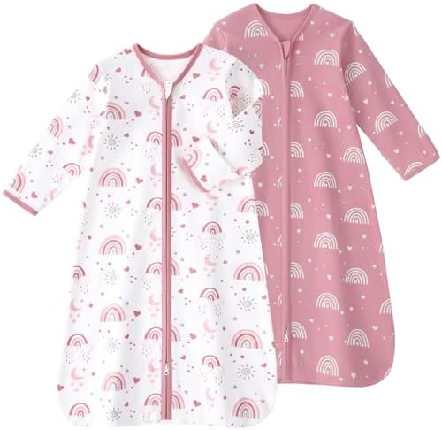 Baby Sleep Sack 18-24 Months, Long Sleeve Baby Wearable Blanket 0.5 Tog with Mittens, 2-Way Zipper Toddler Cotton Sleeping Sack for Boy and Girl Pink Rainbow 2 Pack(XLarge)