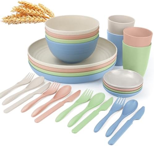 Wrova wheat straw bowls,plates,cups and cutlery sets 28 pcs - Unbreakable Dishwasher Safe dinnerware sets service for 4 - Ideal dish sets for kitchen, camping, indoors and out doors.Nordic