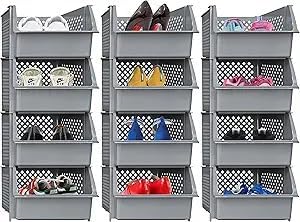 Skywin Plastic Stackable Storage Bins for Pantry - 12 Pack Stackable Bins For Organizing Food, Kitchen, and Bathroom Essentials (Light Grey)