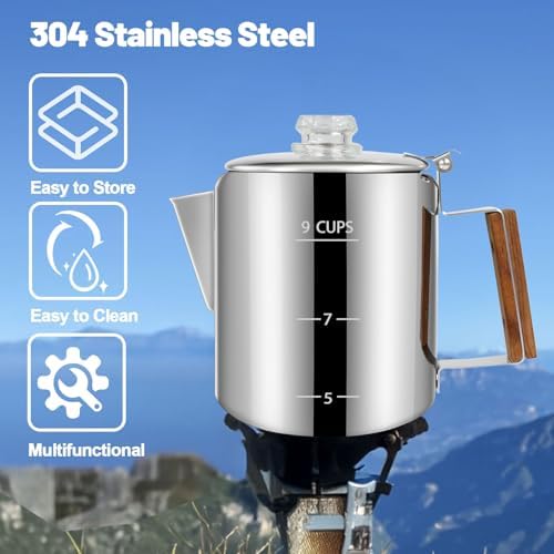 9 Cup Percolator 304 Stainless Steel Coffee Pot Coffee Maker Coffee Machine with Solid Wood Handle Transparent Knob Stovetop Greca Mocha for Induction Home and Camping 1500ml 50.7oz