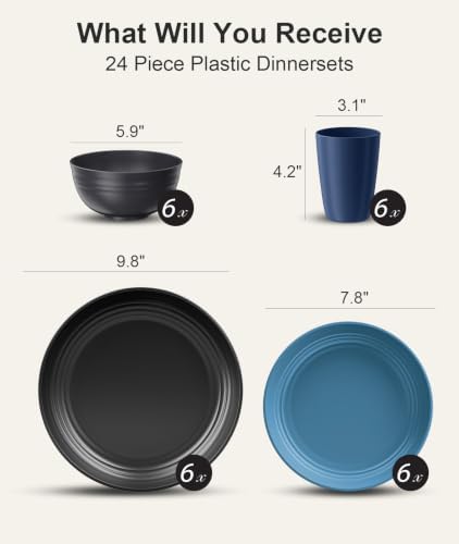 Quatish 24 Pcs Plates and Bowls Sets, Plastic Dinnerware Sets for 6, Blue