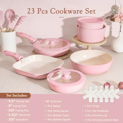 Astercook 23 Pcs Pots and Pans Set Non Stick, Ceramic Cookware Set Detachable Handle, RV Kitchen Cooking Set Removable Handles, Oven Safe, Induction Ready, Stackable, Pink, Mothers Day Gifts