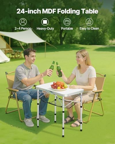VEVOR Folding Camping Table, Adjustable Height Aluminum MDF Outdoor Portable Lightweight, for Cooking, Beach, Picnic, Travel, 24 x 16 inch