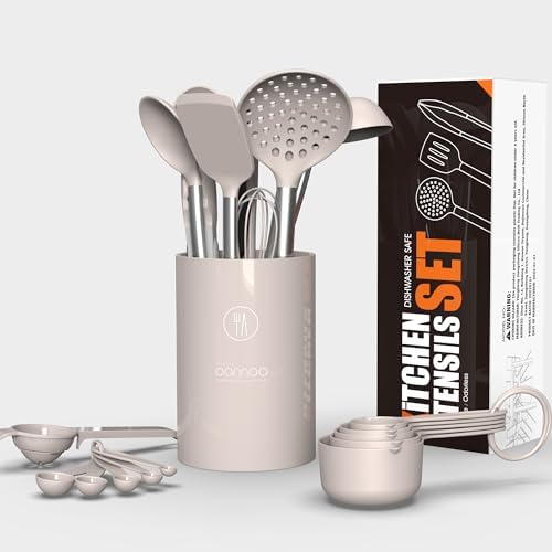 oannao Large Silicone Cooking Utensils Set - Heat Resistant Kitchen Utensils,Turner Tongs,Spatula,Spoon,Brush,Whisk,Stainless Steel Cooking Tool for Nonstick Cookware,Dishwasher Safe (Khaki)