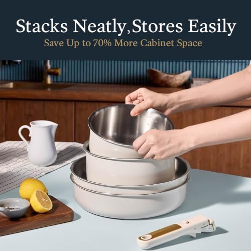 CAROTE 21pcs Tri-Ply Stainless Steel Cookware Set with Detachable Handle