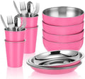 Jinei 24 Pcs Stainless Steel Camping Dinnerware Set for 4,Pink