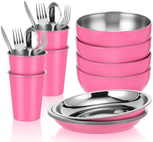 Jinei 24 Pcs Stainless Steel Camping Dinnerware Set for 4,Pink
