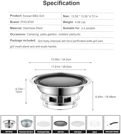 Korean BBQ Grill Charcoal, Small Charcoal Grill 13.7 Inches Portable Grill Stainless Steel Barbecue Grill Tabletop kbbq grill Outdoor Indoor Camping