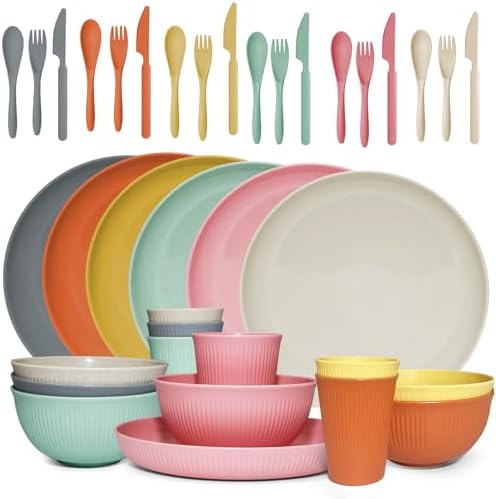 36 pcs Wheat Straw Dinnerware Sets DAPIPIK Unbreakable Reusable Dinnerware Set ，Lightweight Camping Plates Cups and Bowls Set. Dishwasher Microwave Safe Dinnerware