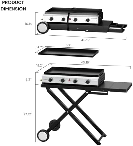 ROVSUN 4 Burner Foldable Propane Griddle with Wheels & Enameled Tray, 40000 BTU Portable Flat Top Gas Grill with Electronic Ignition & Regulator for Outdoor Cooking Camping BBQ Tailgating Picnicking
