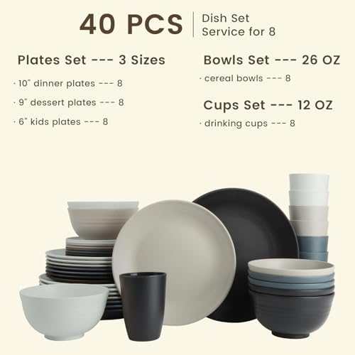 Homienly Premium 40 PCS Wheat Straw Dinnerware Set - Dinner Plates, Cereal Bowls, Unbreakable Cups Set, Microwave and Dishwasher Safe Dishes Set, Reusable Lightweight Dish Sets for Kitchen(Black Grey)