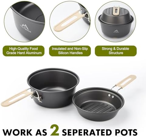 THTYBROS 27pcs Camping Cooking Set for 2-4 People, Portable Cookware Set with Kettle, Pots & Pans, Stainless Steel Utensils, Plates, Dishware for Backpacking, Picnic, Outdoor Adventures