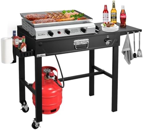 Outdoor Grill Table Cart with Wheels & 3-Burner Propane Gas Griddle Combo, 30,000 BTU Portable Flat Top Grill Station with Storage Shelf, Drip Tray & Accessories for Camping, Backyard BBQ, Tailgating