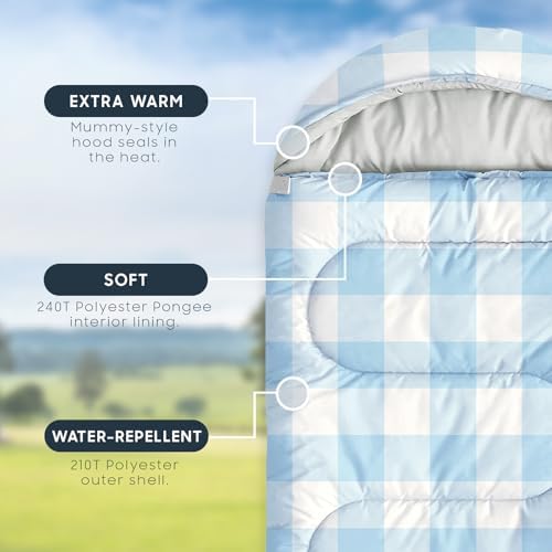 Wake In Cloud - Kids Sleeping Bag for Boys Girls Toddlers, Camping in Warm Cold Weather, Backpacking Lightweight Compact Outdoor Liner for 3 Seasons, Gingham Plaid