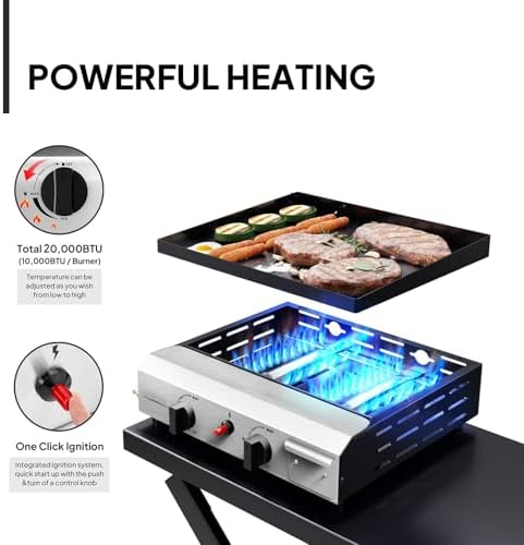 Bonnlo Foldable Flat Top Grill with 2 Burner, Powerful 20,000 BTU Propane Gas Grills with Ignition, Enamel Griddle, Side Shelf & Portable Cart with Wheels for Outdoor Camping Hibachi Grill Use