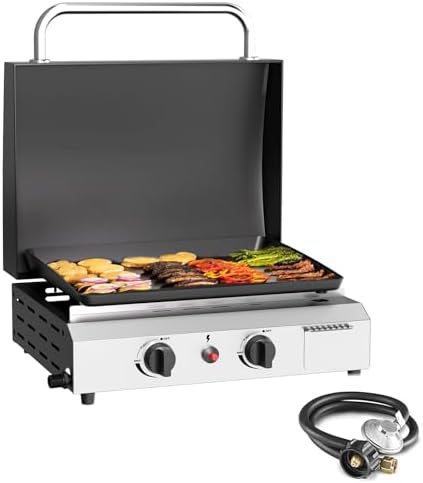 SKOK 2 Burner Outdoor Tabletop Gas Griddle with Hood, Flat Top Grill