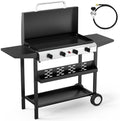 Bonnlo 40000BTU Propane Griddle with Lid and Ignition, Standing Flat Top Gas Grill with Storage Shelf and Portable Rolling Wheels, 4 Burner Camping Cooker for Patio Backyard Outdoor Cooking BBQ
