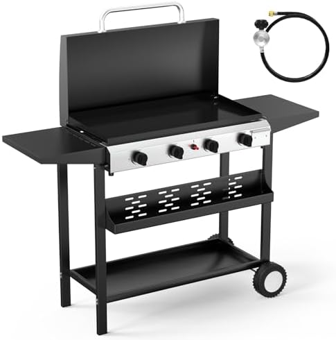 Bonnlo 40000BTU Propane Griddle with Lid and Ignition, Standing Flat Top Gas Grill with Storage Shelf and Portable Rolling Wheels, 4 Burner Camping Cooker for Patio Backyard Outdoor Cooking BBQ