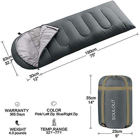 SOULOUT 3-4 Season Sleeping Bag for Adults & Teens - Camping