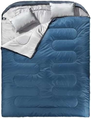 MEREZA Double Sleeping Bag for Adults Mens with Pillow, XL Queen Size Two Person Sleeping Bag for All Season Camping Hiking Backpacking 2 Person Sleeping Bags for Cold Weather & Warm